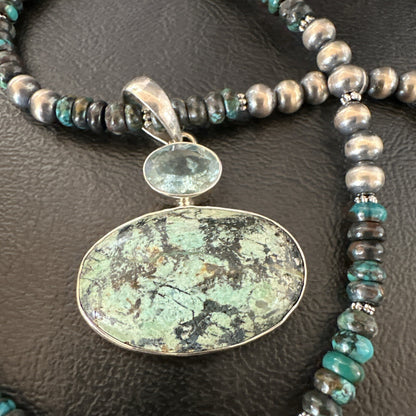 Mens Blue Spiderweb Turquoise Pendant Navajo Sterling Silver Necklace 18067