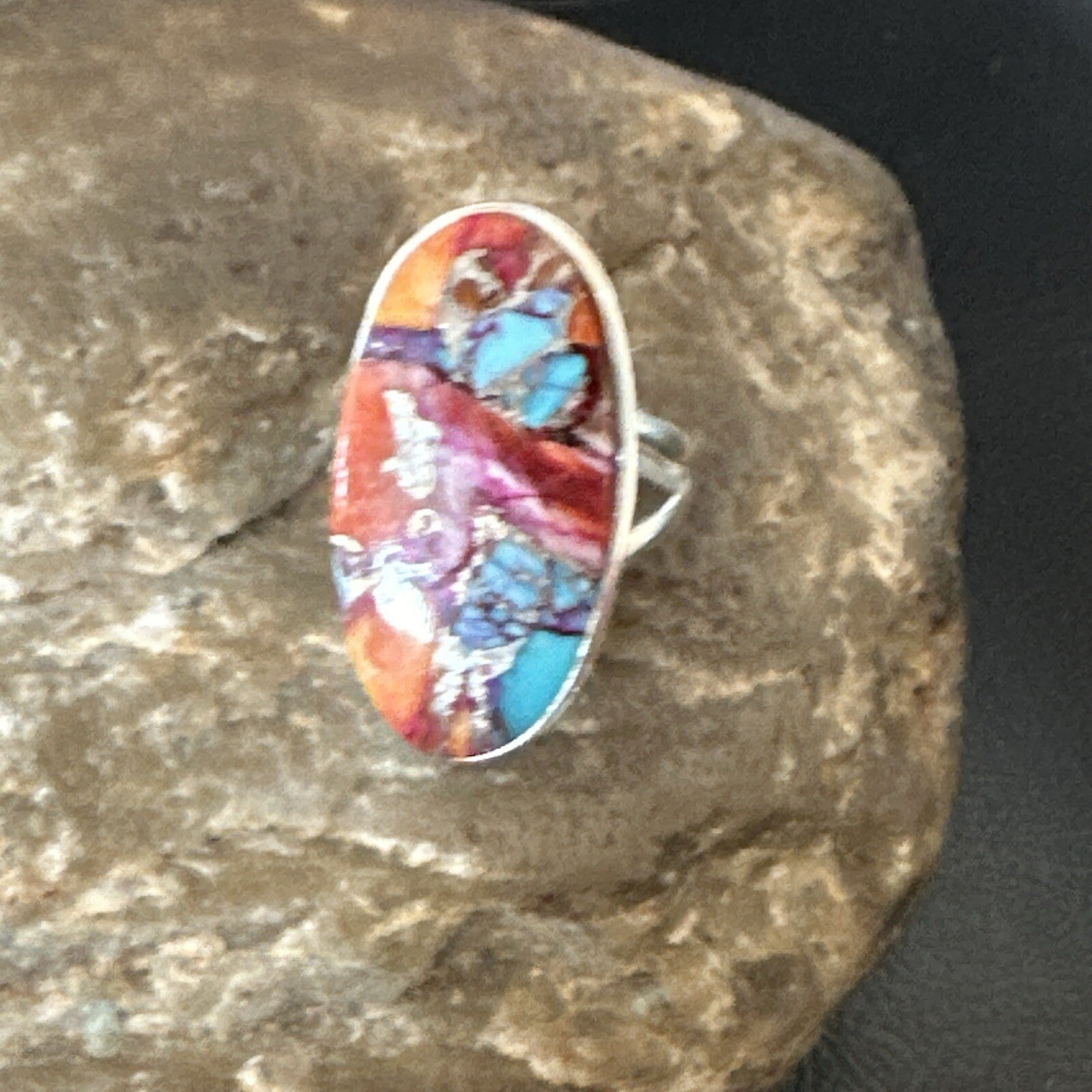 Blue Turquoise Spiny Oyster Southwestern Sterling Silver Ring Size 6 18514