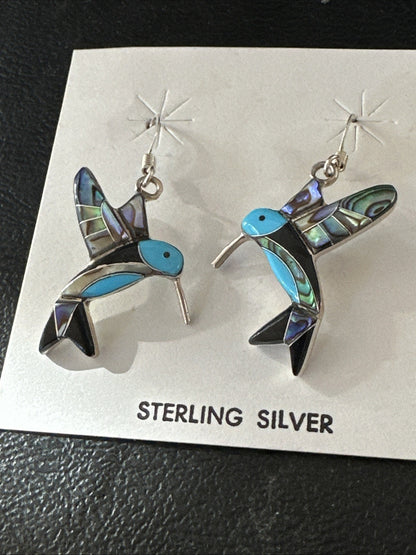 Blue Turquoise Pava Shell Sterling Silver Hummingbird Dangle Earrings 19814