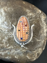 CORN INLAY Orange Spiny Turquoise Coral Zuni Pin Pendant | Sterling Silver | Authentic Native American Handmade | 17851