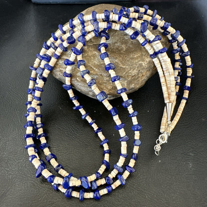 Blue Lapis Lazuli Tan Shell 3 Strand Navajo Sterling Silver Necklace 21” 19703