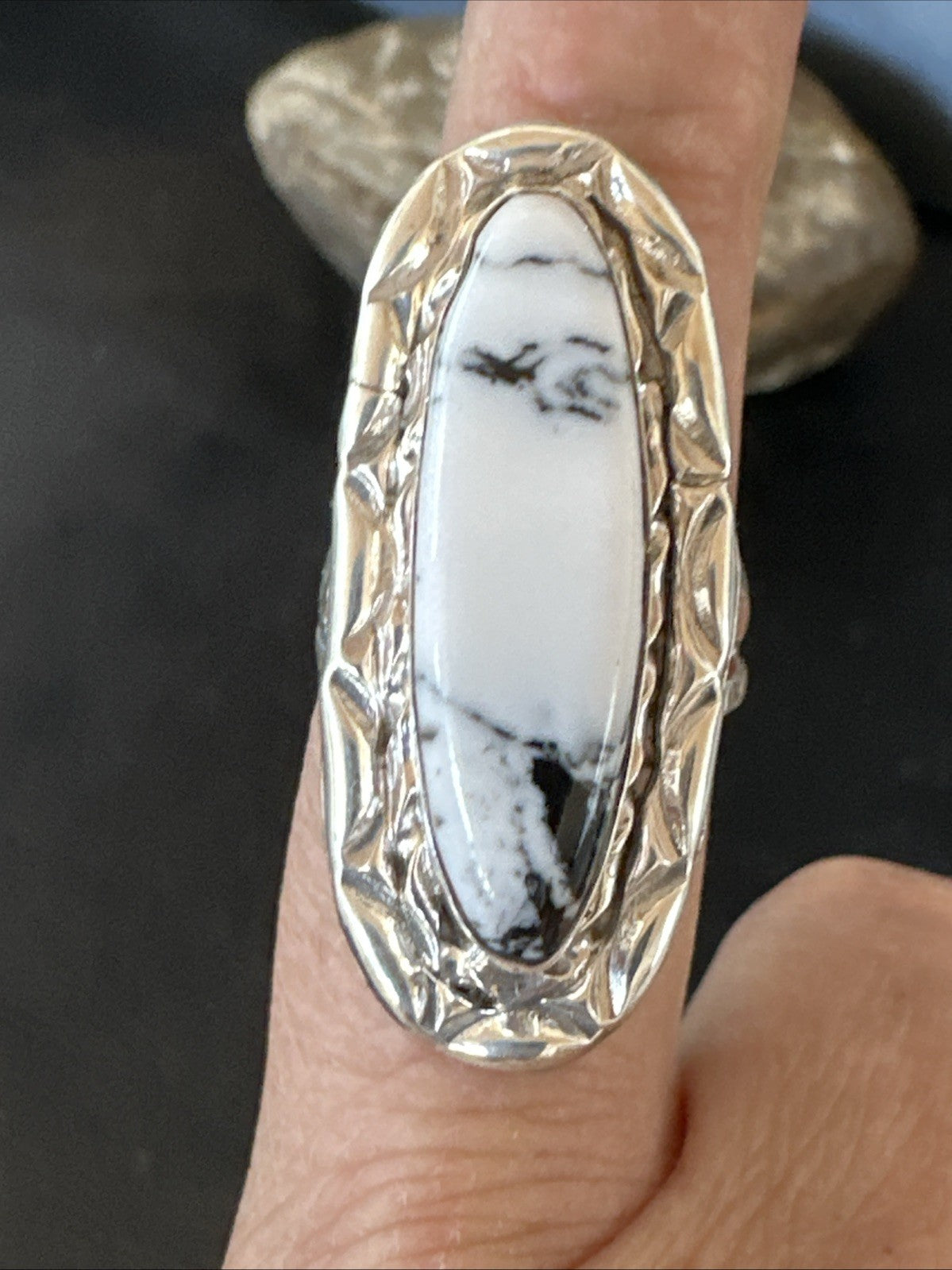 Black White Buffalo Turquoise Navajo Sterling Silver Ring Size 8.5 19803