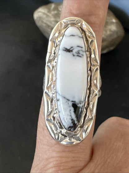 Black White Buffalo Turquoise Navajo Sterling Silver Ring Size 8.5 19803