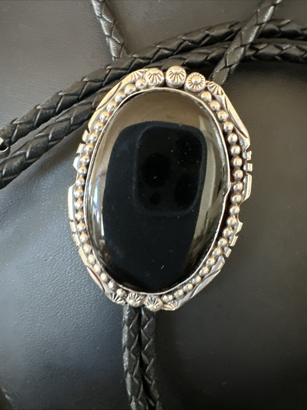 Mens Black Onyx Navajo Sterling Silver Bolo Tie 18663