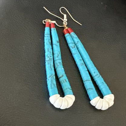 Blue Turquoise White Santo Domingo Sterling Silver Dangle Earrings 2.75” 18164