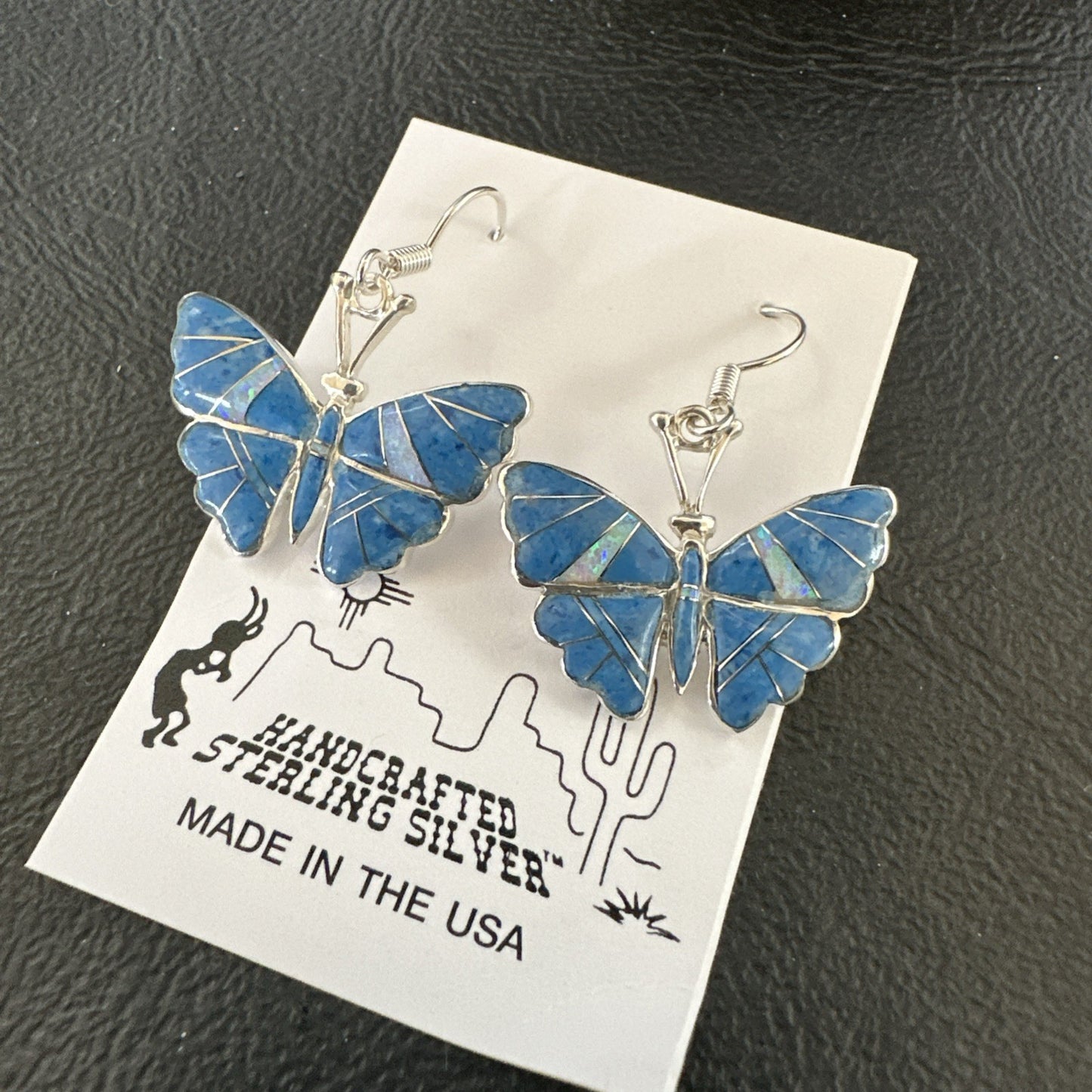Butterfly Blue Denim Lapis Opal Inlay Sterling Silver Dangle Earrings 19138