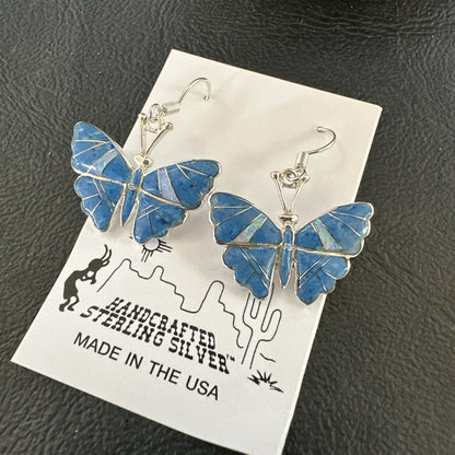 Butterfly Blue Denim Lapis Opal Inlay Sterling Silver Dangle Earrings 19138