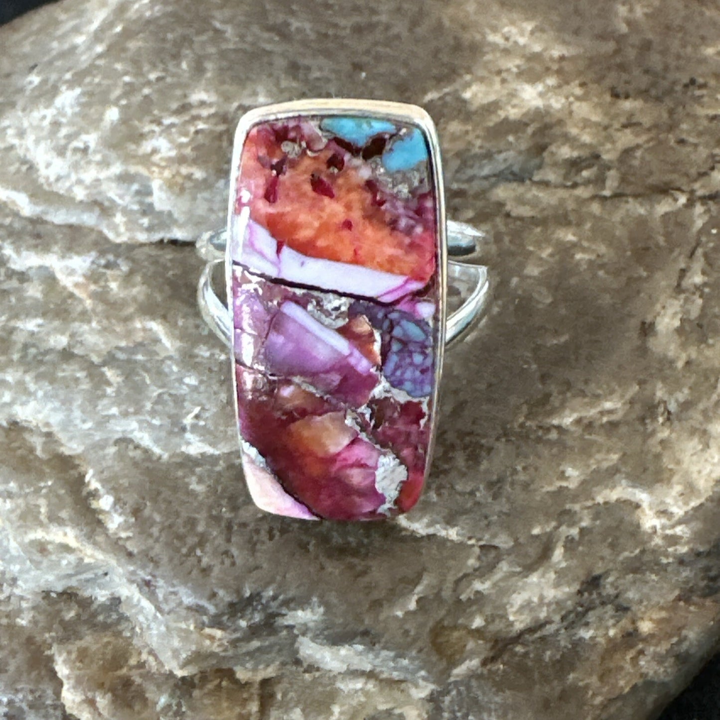 Blue Turquoise Spiny Oyster Southwestern Sterling Silver Ring Size 7 18490