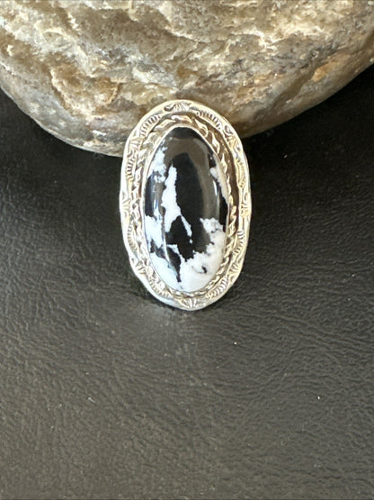 Black White Buffalo Turquoise Navajo Sterling Silver Ring Size 11 19810