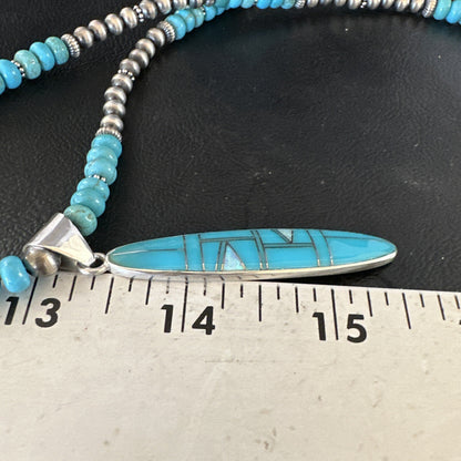 Blue Turquoise Pendant Navajo Pearls Sterling Silver Necklace 15425