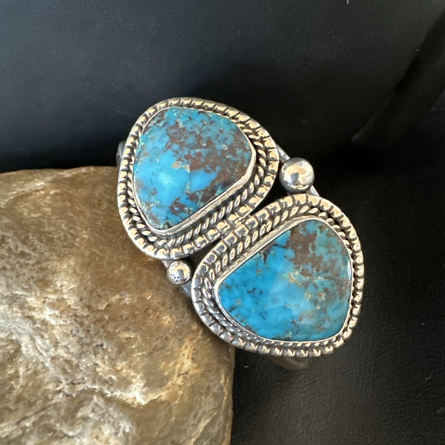 Navajo Blue TURQUOISE Stamped 2 Stone Sterling Silver Cuff Bracelet 8.25" 18717