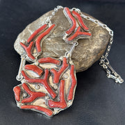 Branch Real Coral Zuni Inlay Necklace Earrings 21"Set | Sterling Silver | Authentic Native American Handmade | 19276