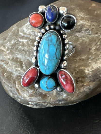 Cluster Blue Turquoise Spiny Oyster Onyx Sterling Silver Ring Size 8 18562