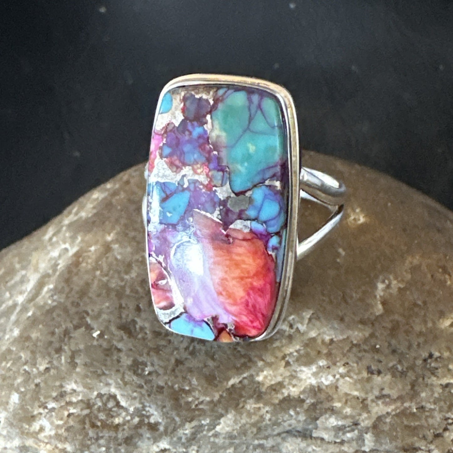 Blue Turquoise Spiny Oyster Southwestern Sterling Silver Ring Size 11 19058