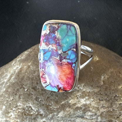 Blue Turquoise Spiny Oyster Southwestern Sterling Silver Ring Size 11 19058