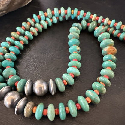 Green Turquoise Spiny Navajo Pearls Sterling Silver Necklace 26” 19682