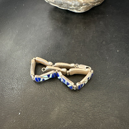 A Womens Blue Lapis Opal Sterling Silver Link Bracelet 9" 19792