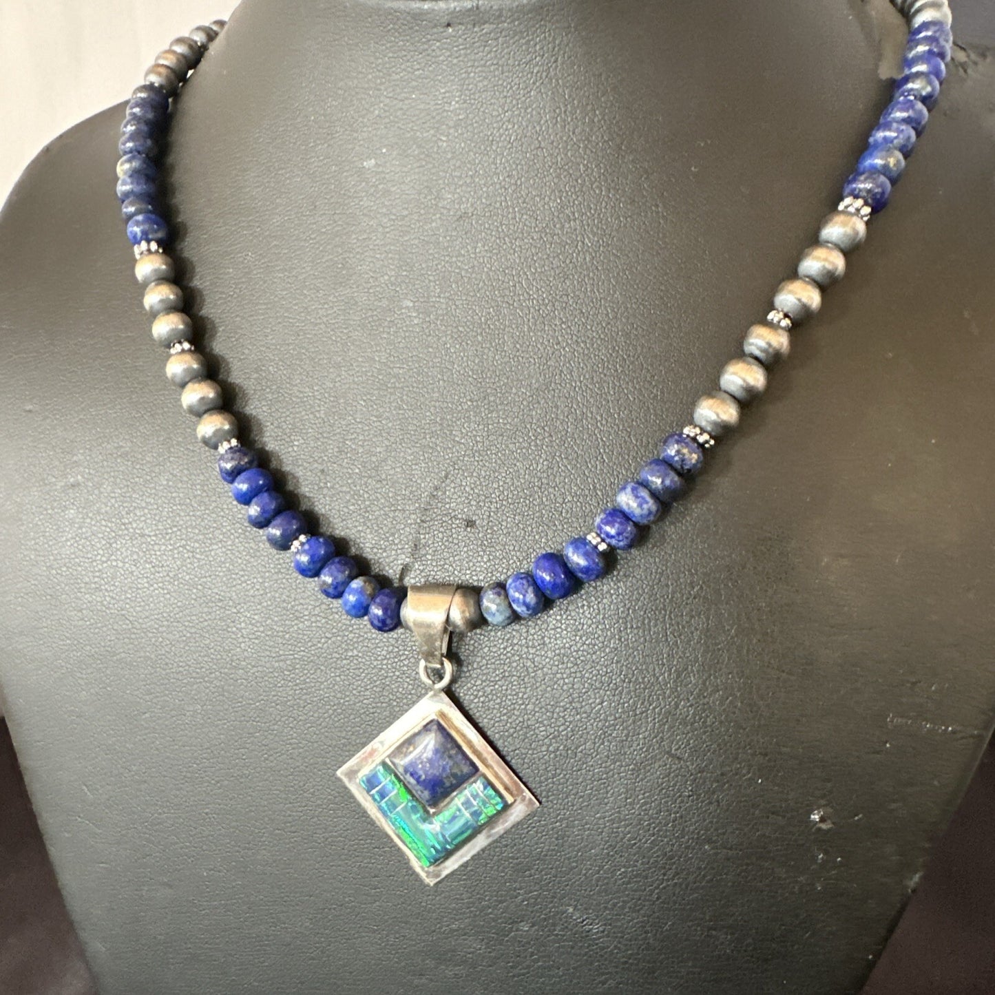 Mens Womens Blue Lapis Opal Navajo Sterling Silver Pendant Necklace 21”18339