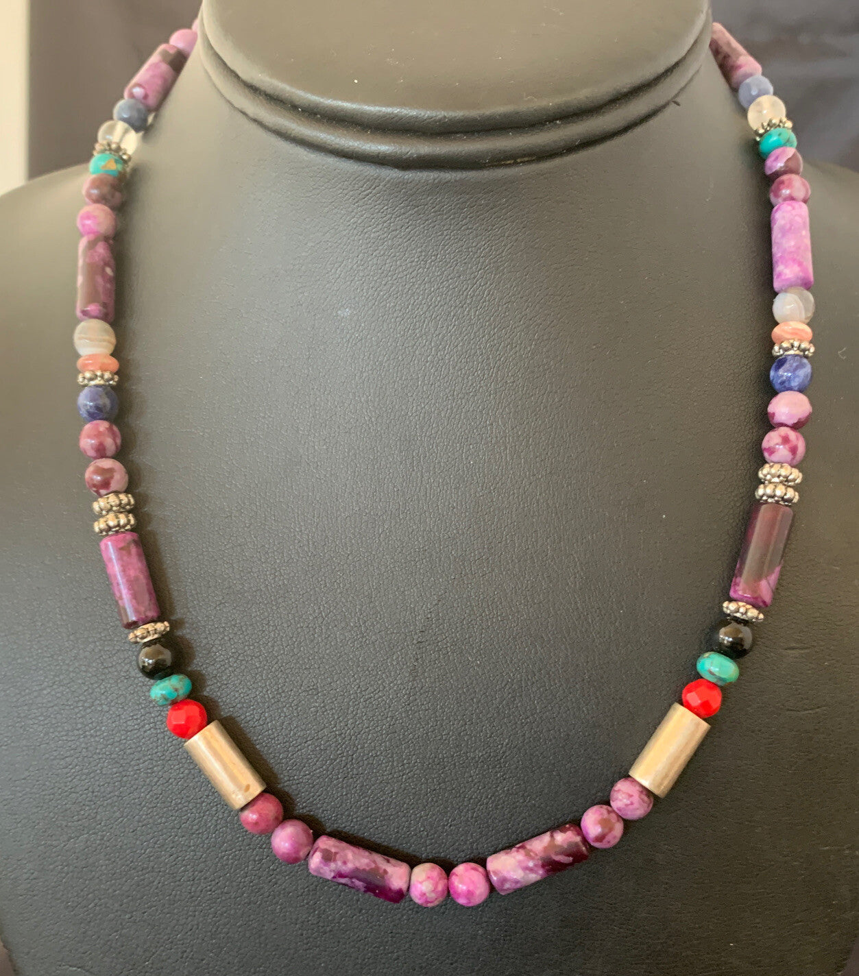 Turquoise Purple Stone & Coral Beads Navajo Sterling Silver Necklace 10391