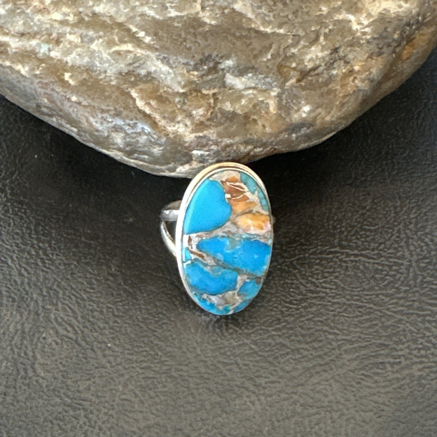 Blue Turquoise Spiny Oyster Southwestern Sterling Silver Ring Size 7 18443