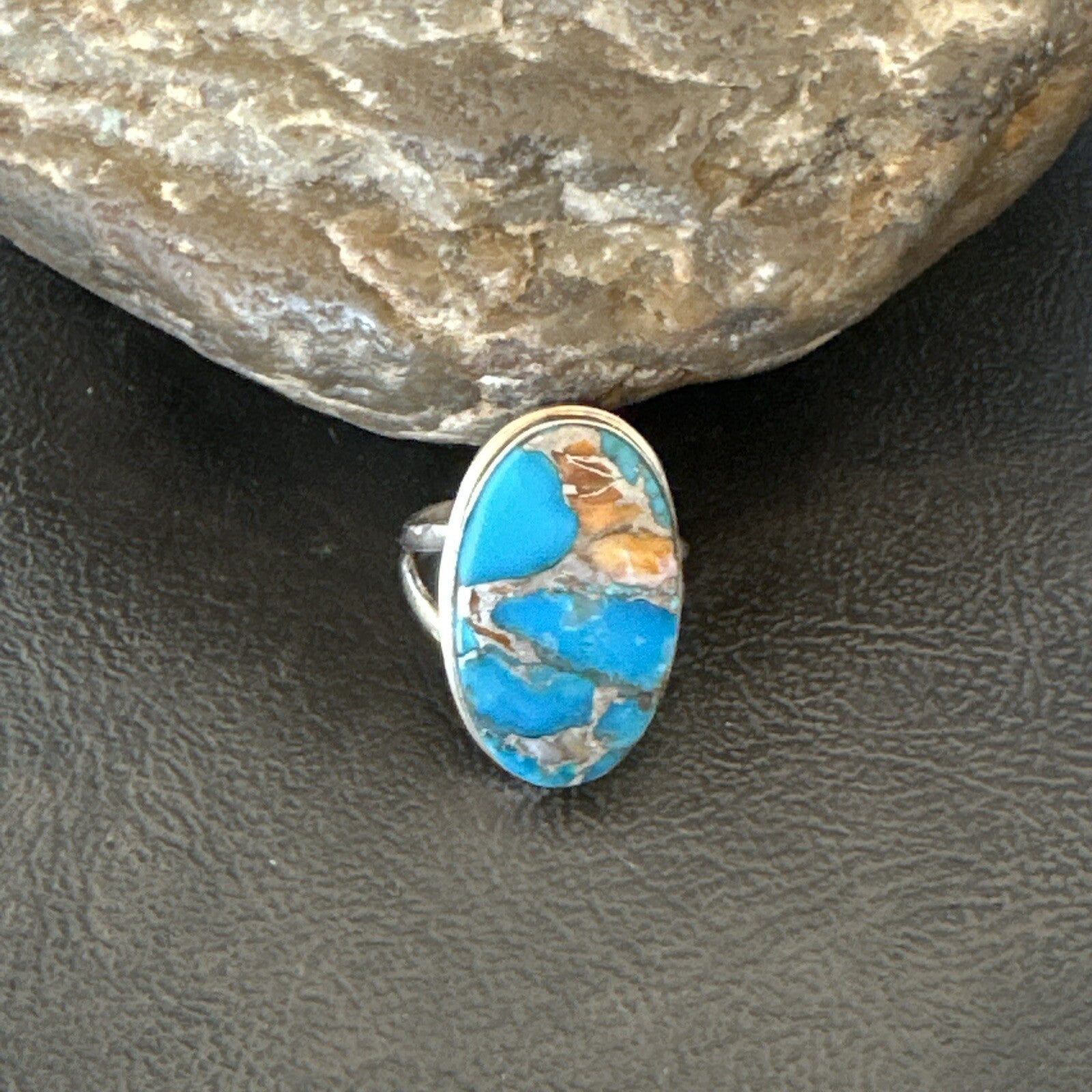 Blue Turquoise Spiny Oyster Southwestern Sterling Silver Ring Size 7 18443