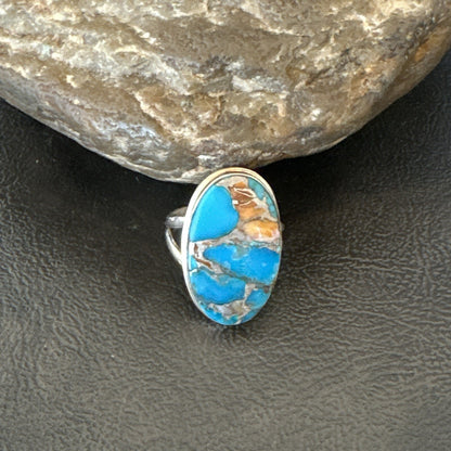 Blue Turquoise Spiny Oyster Southwestern Sterling Silver Ring Size 7 18443