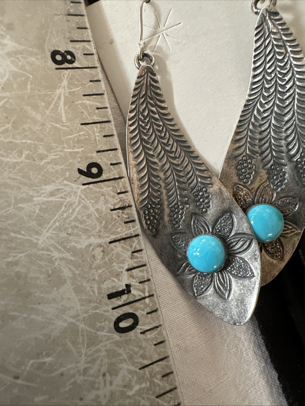 Womens Stamped Blue Turquoise Dangle Earrings Feather Sterling Silver 19785