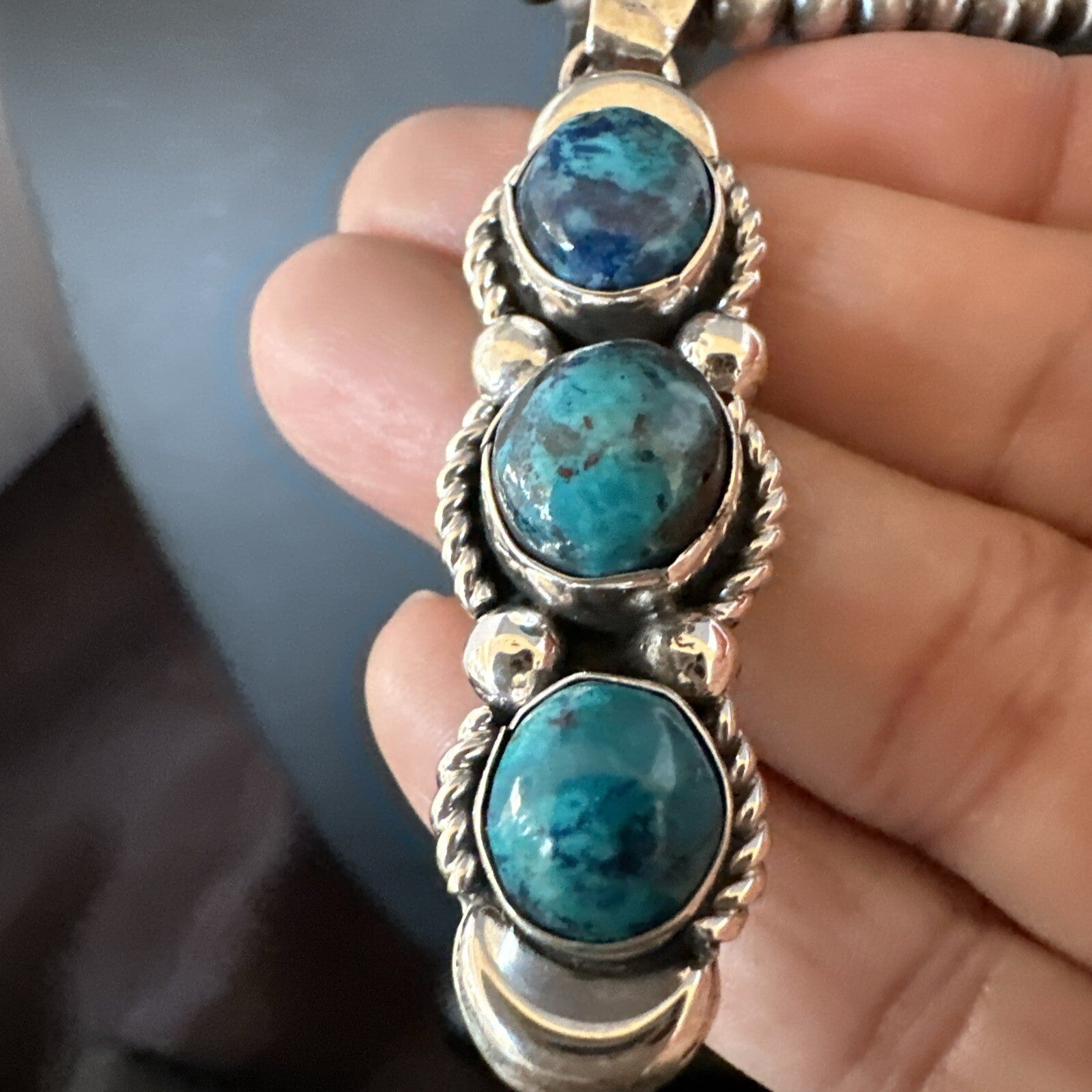 Blue Turquoise 3 Stone Navajo Sterling Silver Cluster Pendant 18193