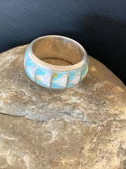 Men's Blue Turquoise Opal Navajo Inlay Ring Size 10 | Sterling Silver | Authentic Native American Handmade | 12571