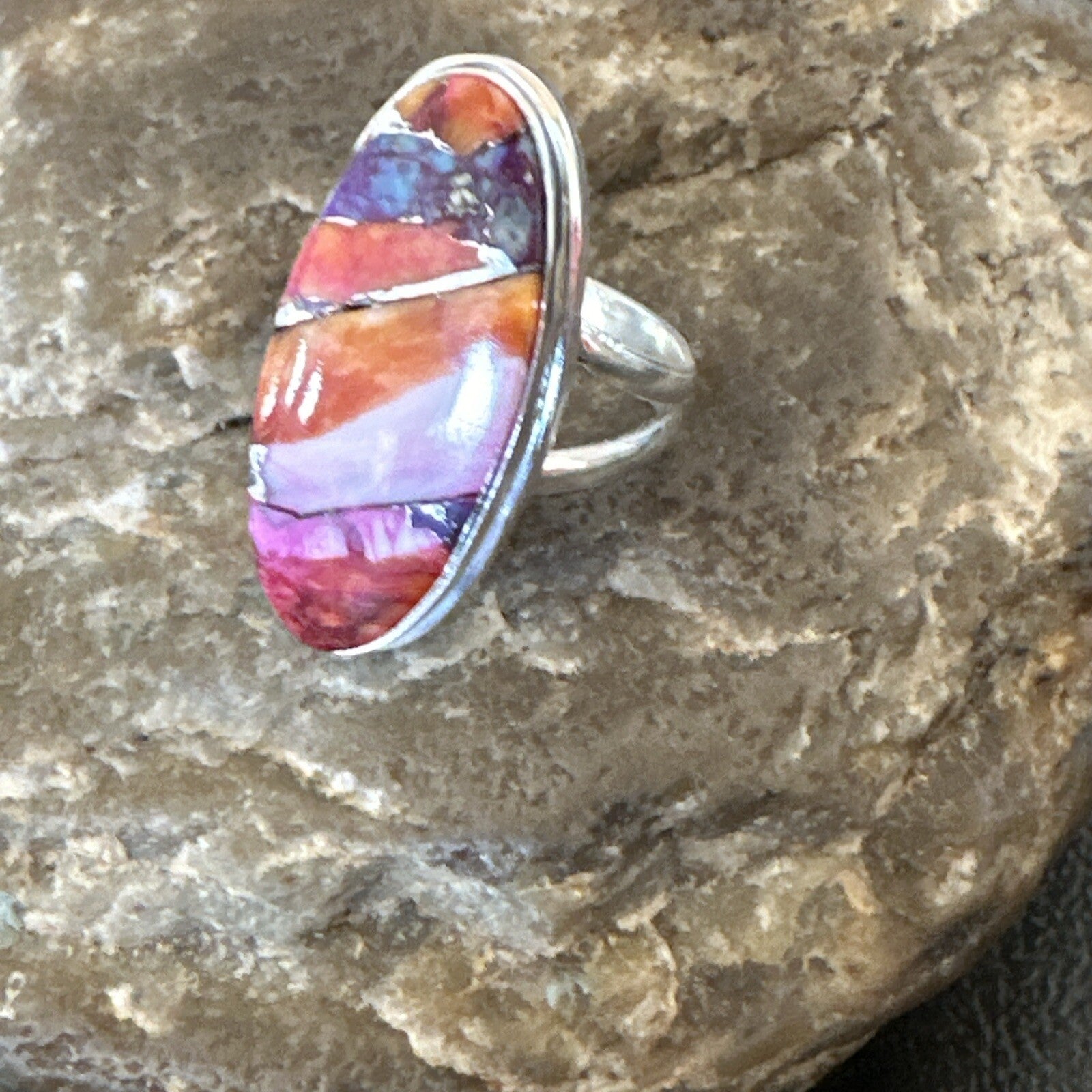 Blue Turquoise Spiny Oyster Southwestern Sterling Silver Ring Size 6 18474