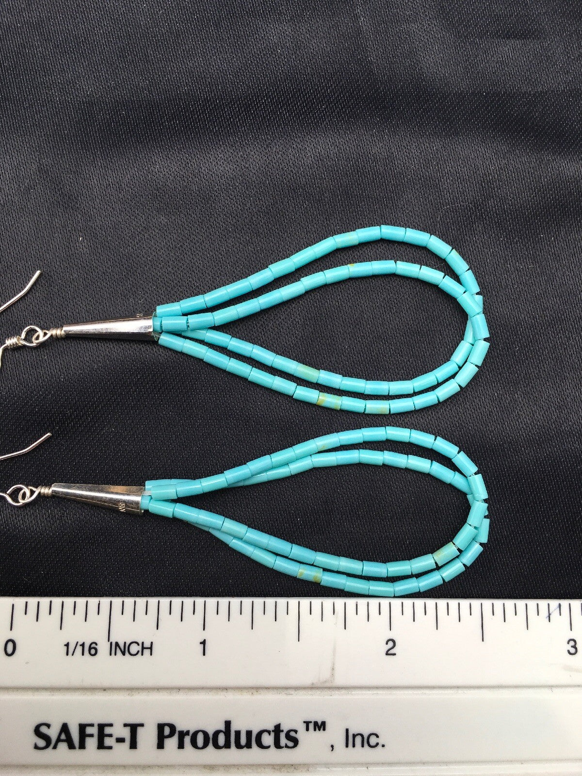 Native Blue Turquoise Liquid Sterling Silver Heishi Dangle 2.5" Earrings 04372