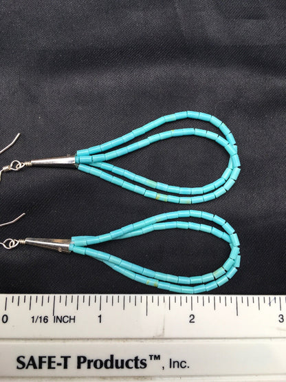 Native Blue Turquoise Liquid Sterling Silver Heishi Dangle 2.5" Earrings 04372