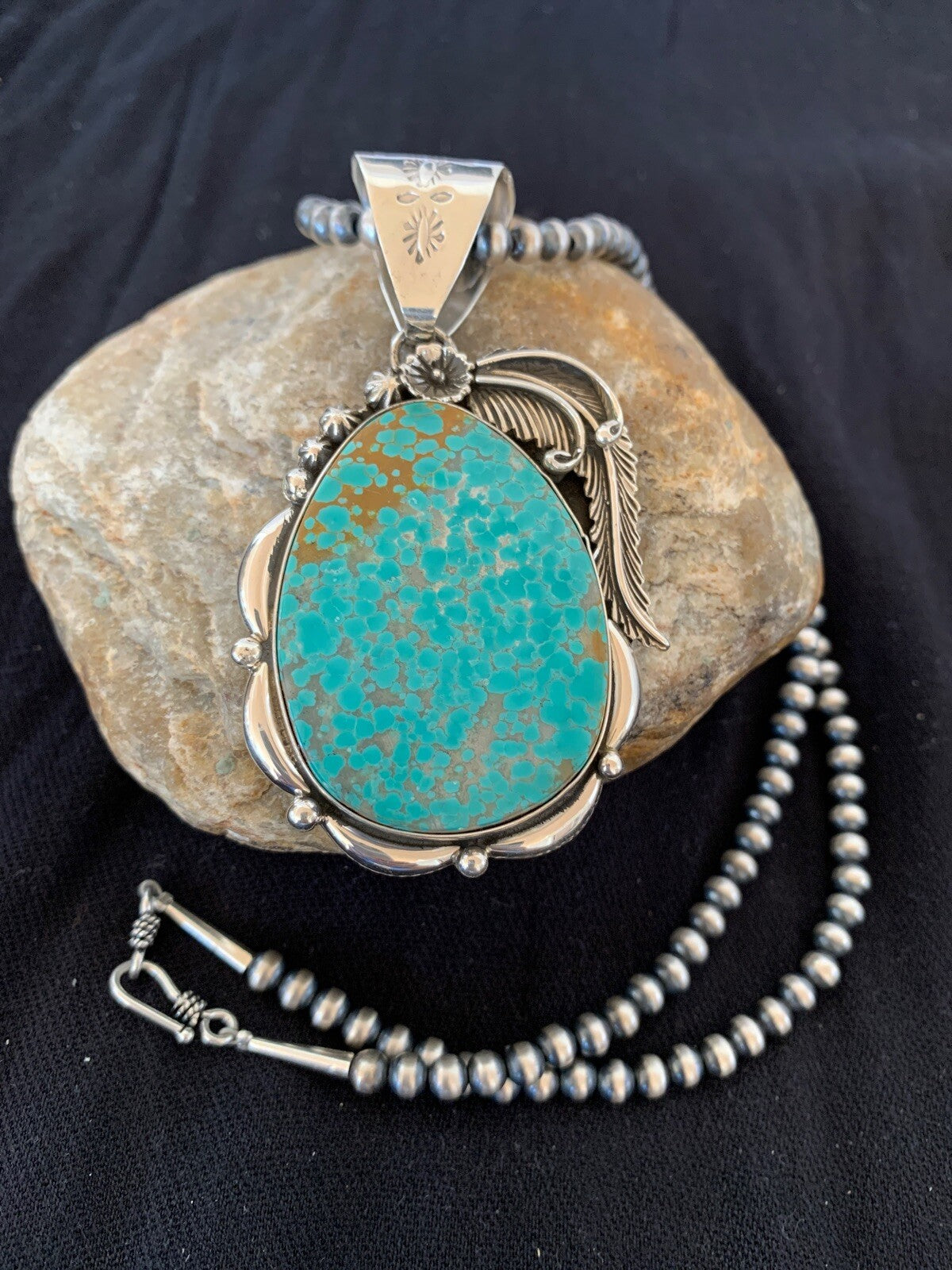 Mens Turquoise #8 Pendant Navajo Sterling Silver Beads Necklace 04619