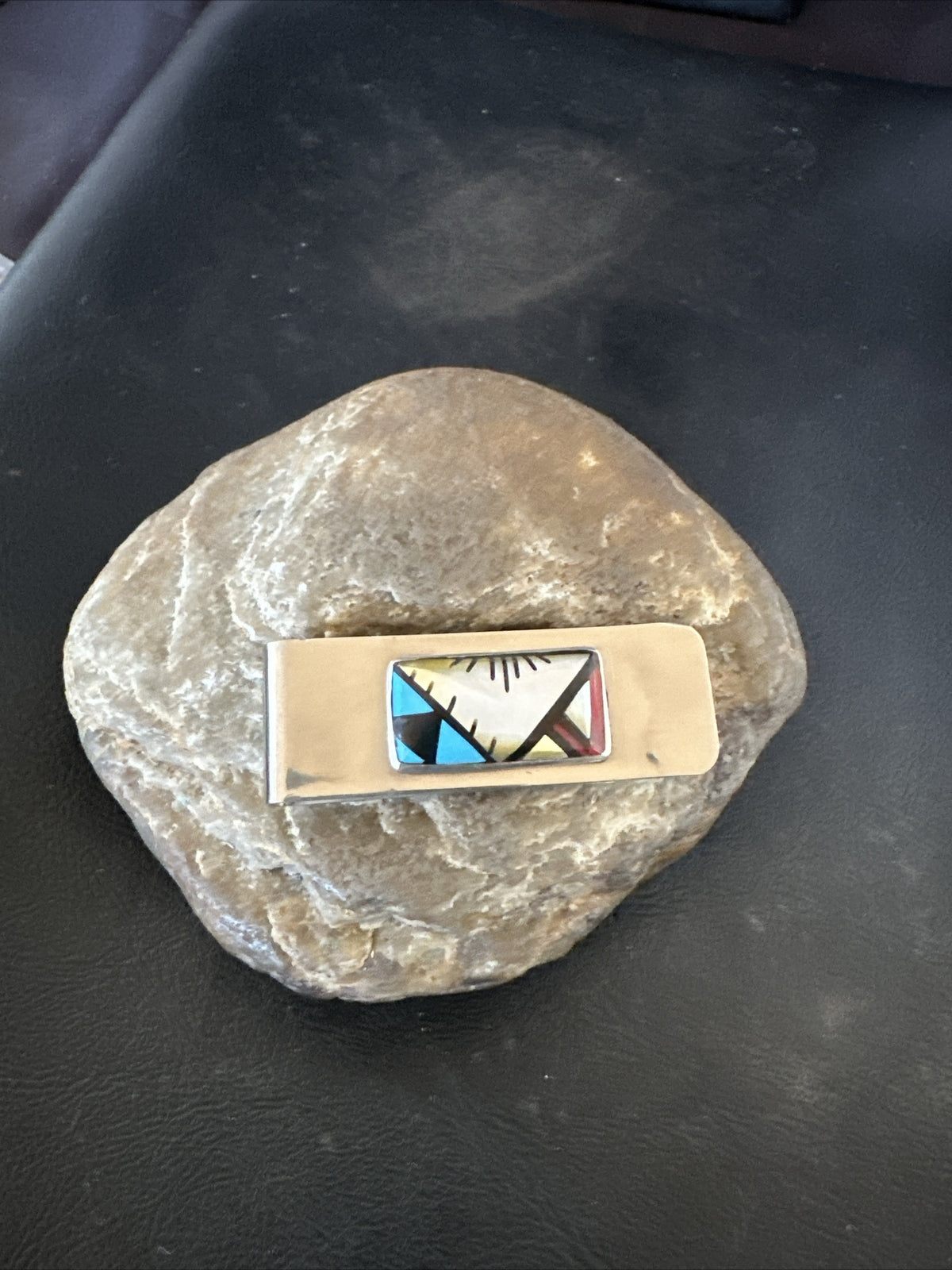 A Zuni Mens Turquoise Spiny Inlay Stainless Sterling Silver Money Clip 17835
