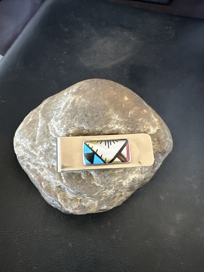 A Zuni Mens Turquoise Spiny Inlay Stainless Sterling Silver Money Clip 17835