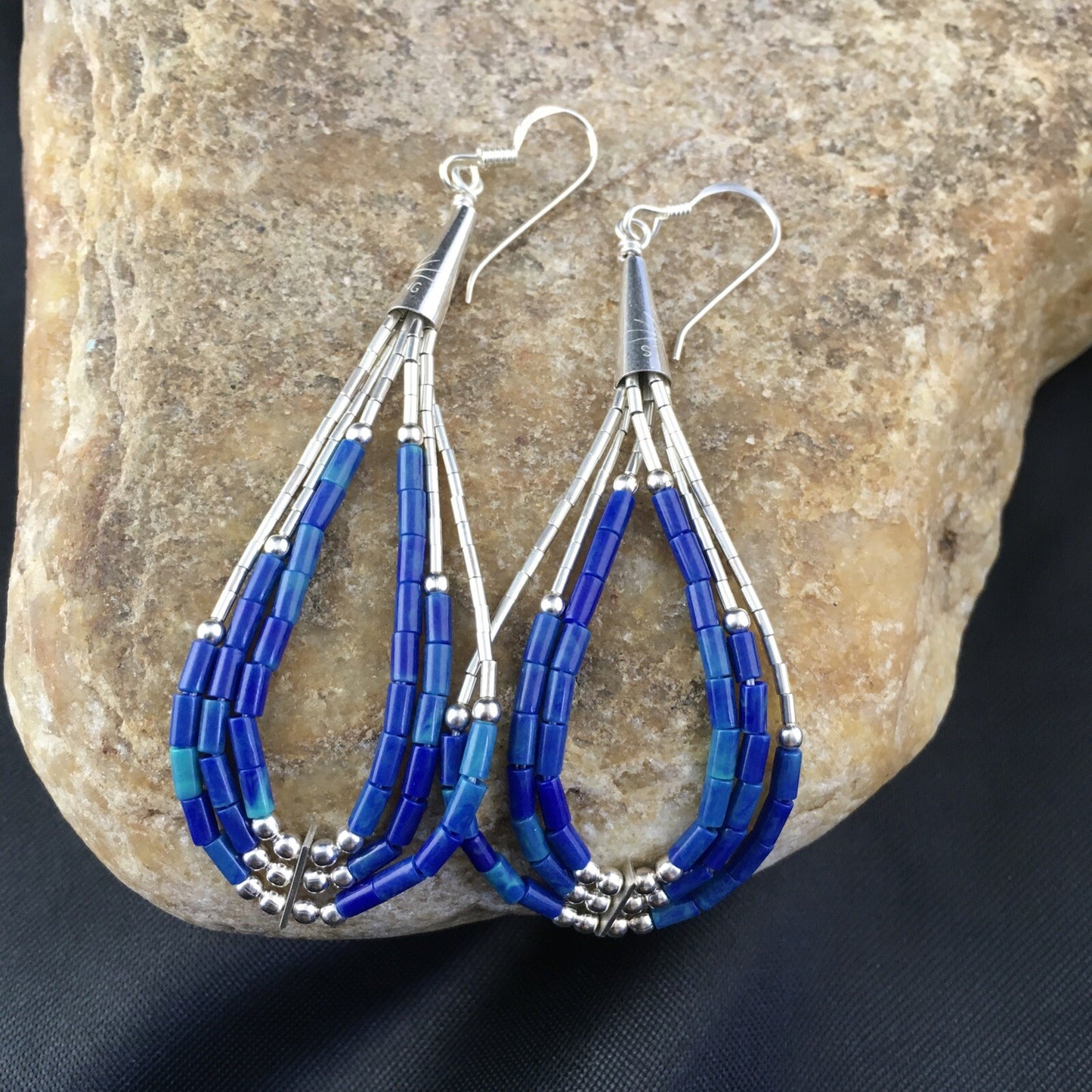 Blue Lapis 3 Strand Heishi Liquid Sterling Silver Dangle Earrings 2013
