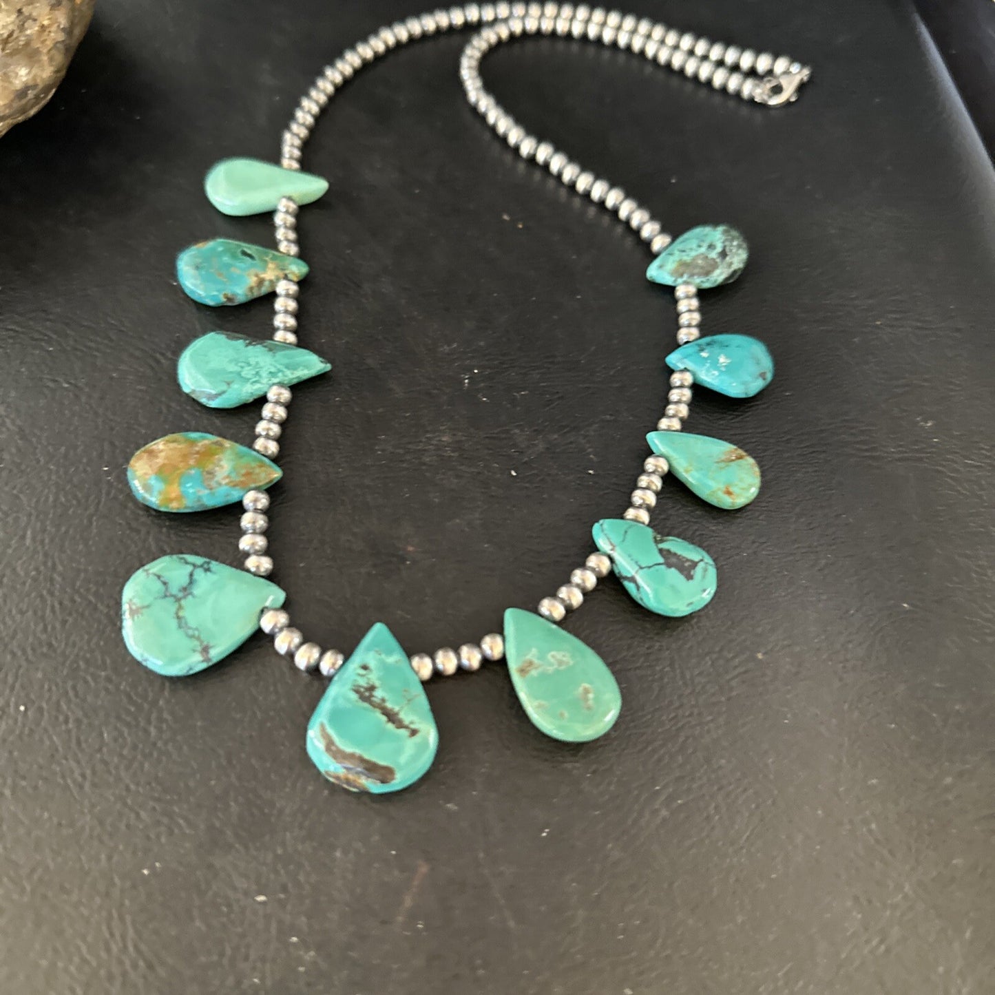 Blue Turquoise Teardrop Navajo Pearls Sterling Silver Necklace 14391
