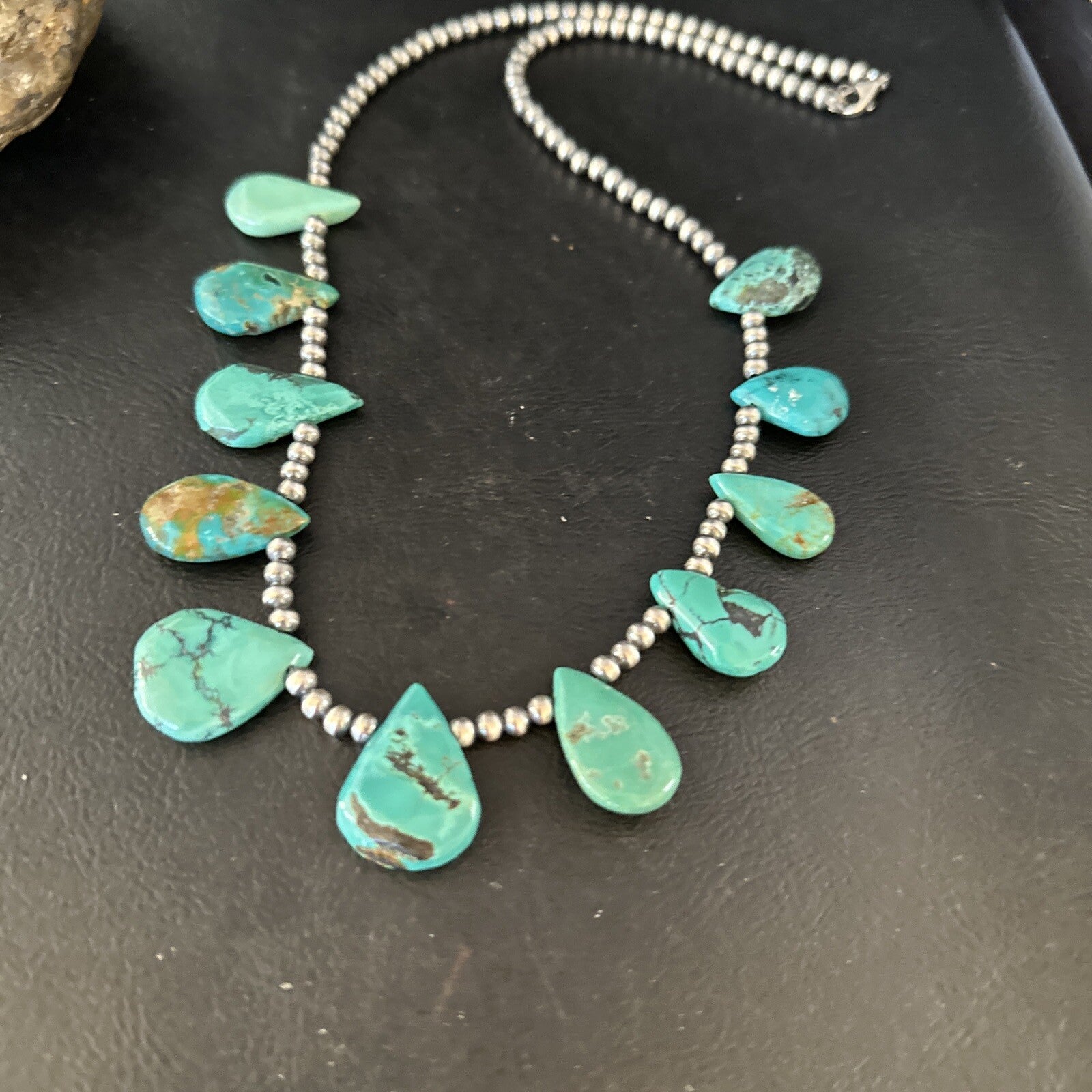 Blue Turquoise Teardrop Navajo Pearls Sterling Silver Necklace 14391