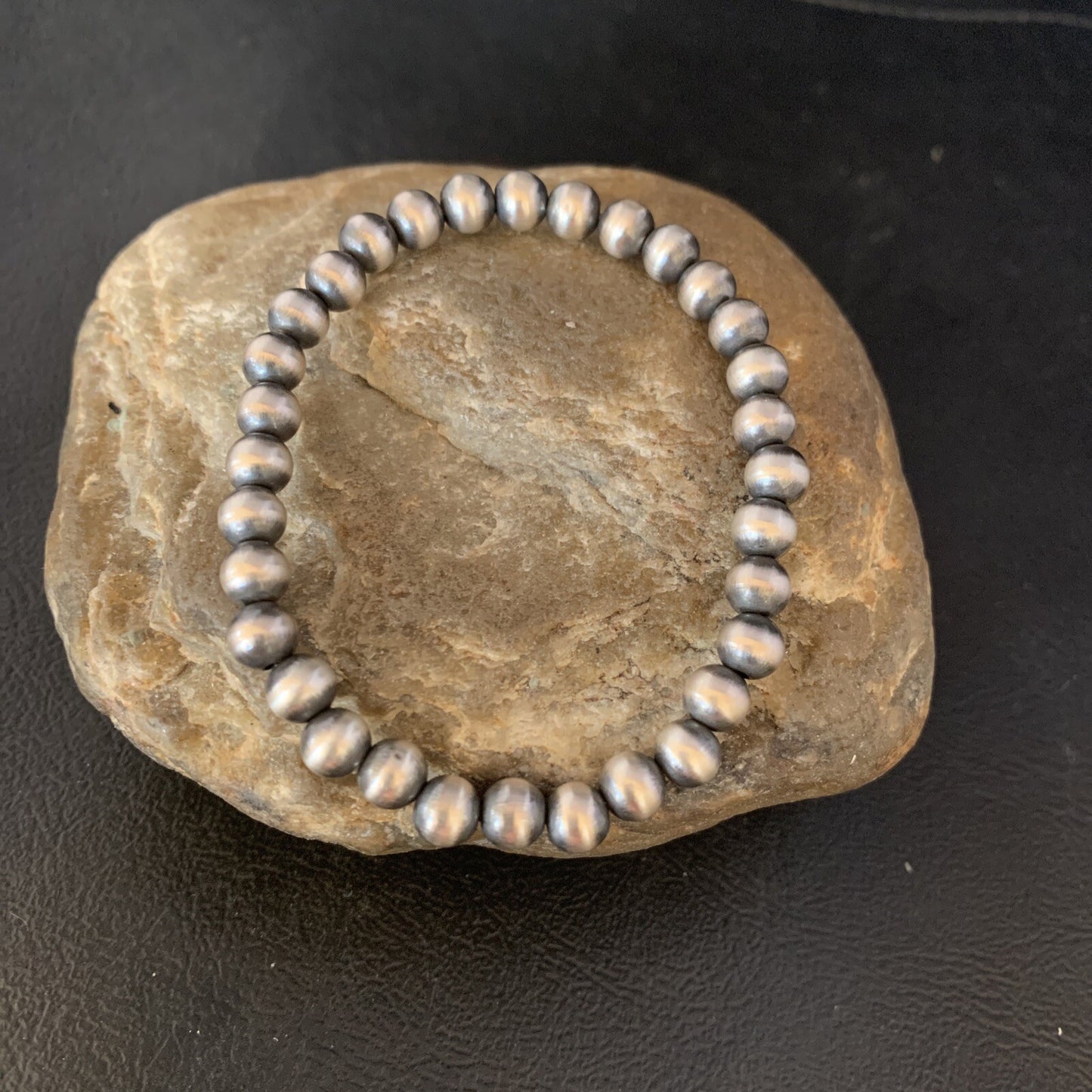 Navajo 6mm Beads Stretchable Sterling Silver Bracelet 7” 14184