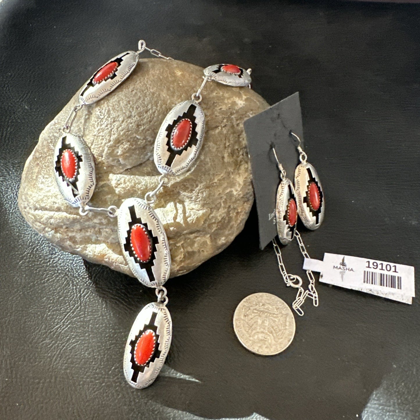 Old Native Navajo Red Coral Sterling Silver Shadowbox Necklace Earrings 18”19101