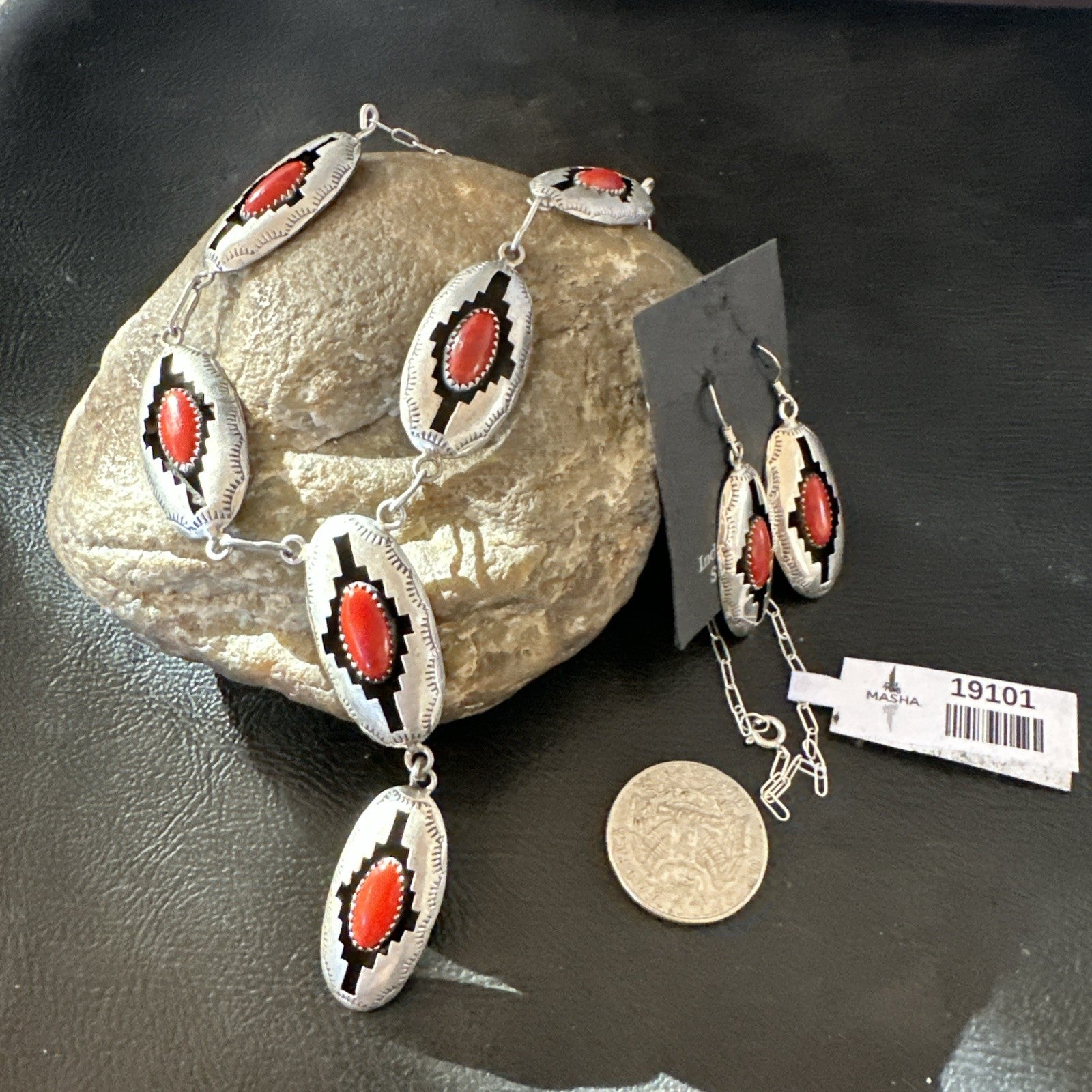 Old Native Navajo Red Coral Sterling Silver Shadowbox Necklace Earrings 18”19101