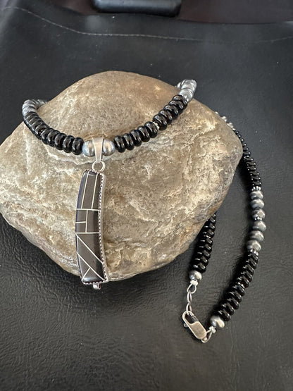 Mens Womens Black Onyx Pendant Navajo Sterling Silver Beads Necklace 18332