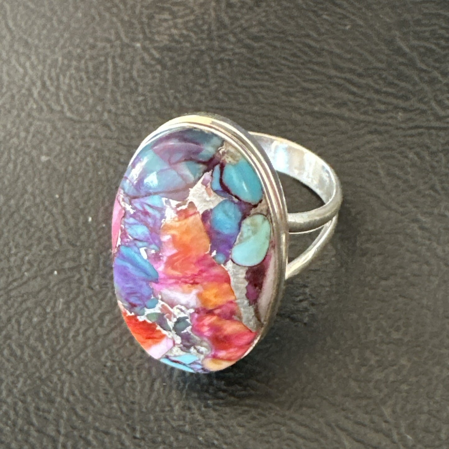Blue Turquoise Spiny Oyster Southwestern Sterling Silver Ring Size 8 18482