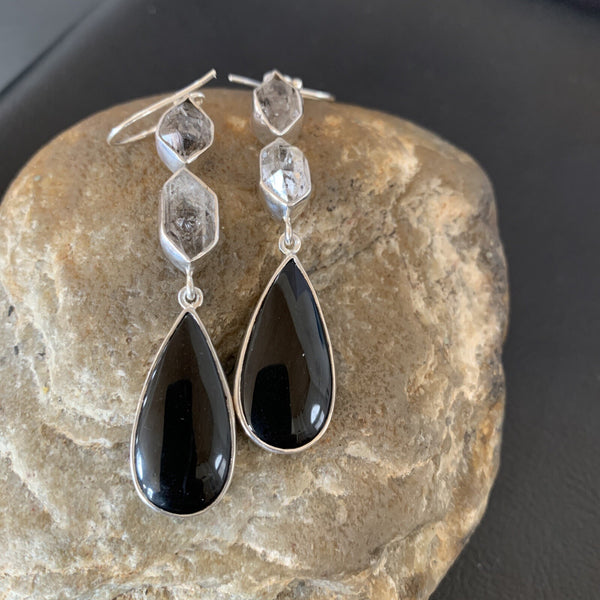 Black Onyx Quartz Navajo Dangle Earring 2" | Sterling Silver | Authentic Native American Handmade | 12086