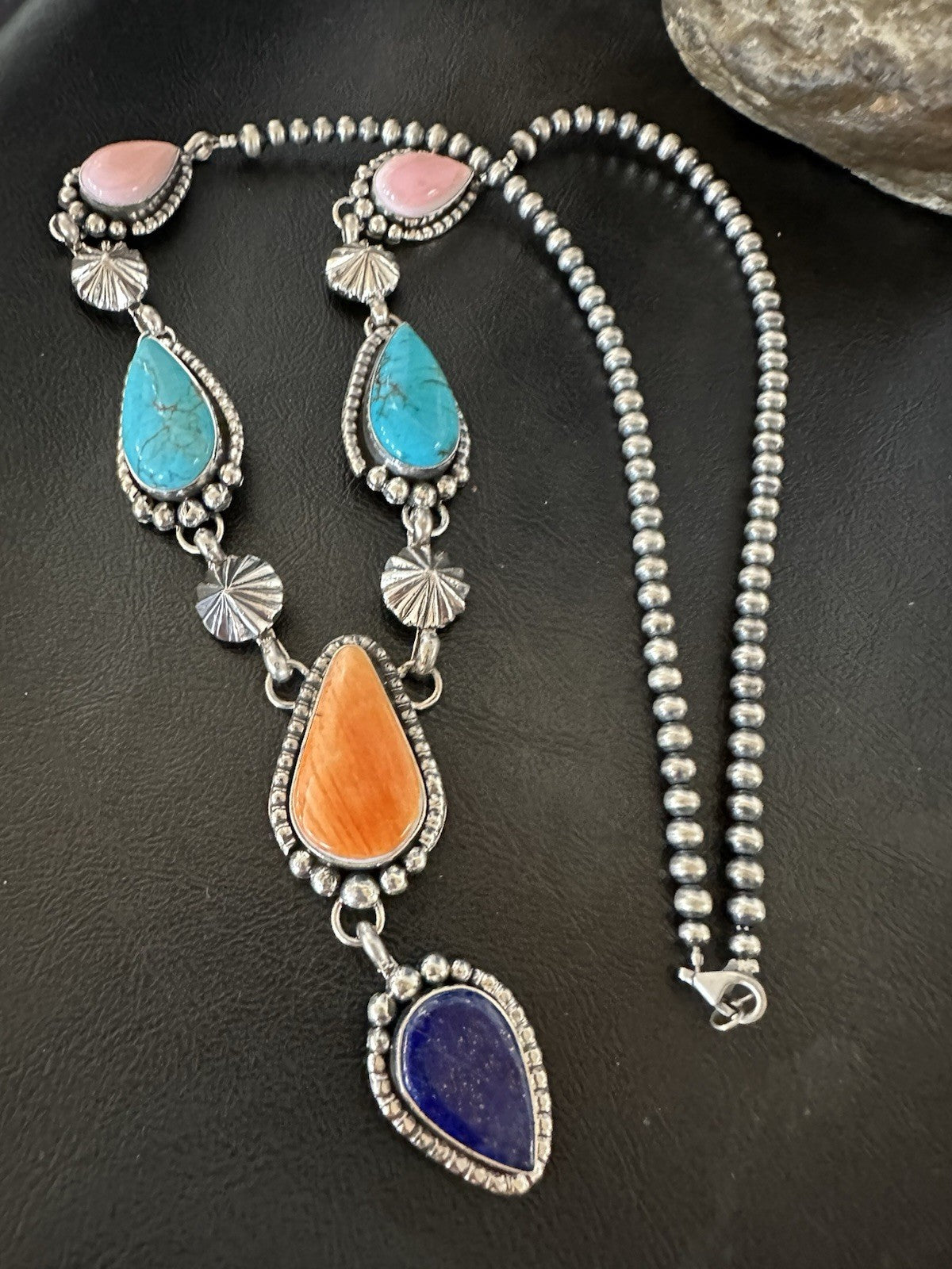 Multicolor Spiny Lapis Pendant Navajo Sterling Silver Lariat Necklace 28" 19439