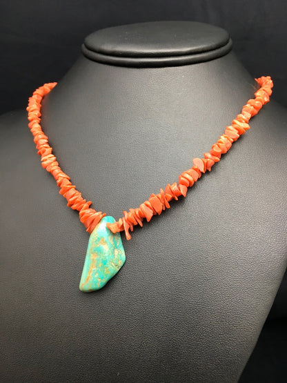 Native American Turquoise Pendant Coral Brass Old Pawn Necklace 19" 04006
