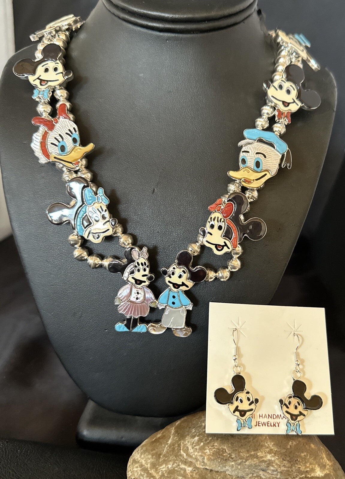 MICKEY MOUSE ZUNI TURQUOISE STERLING SILVER SQUASH BLOSSOM EARRINGS 17784