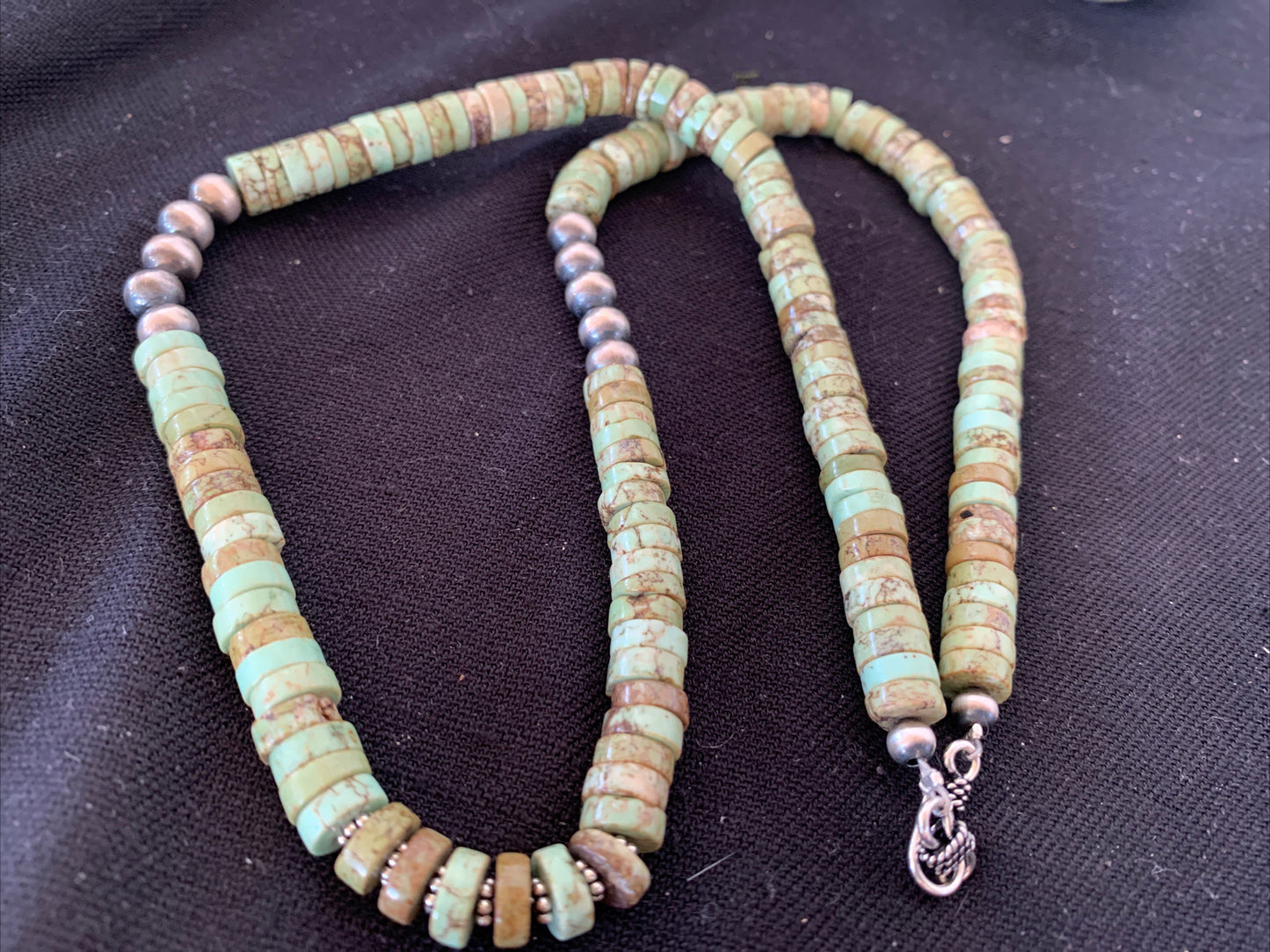 Green Turquoise Stabilized Heishi 8mm  Sterling Silver Beads Necklace 20"