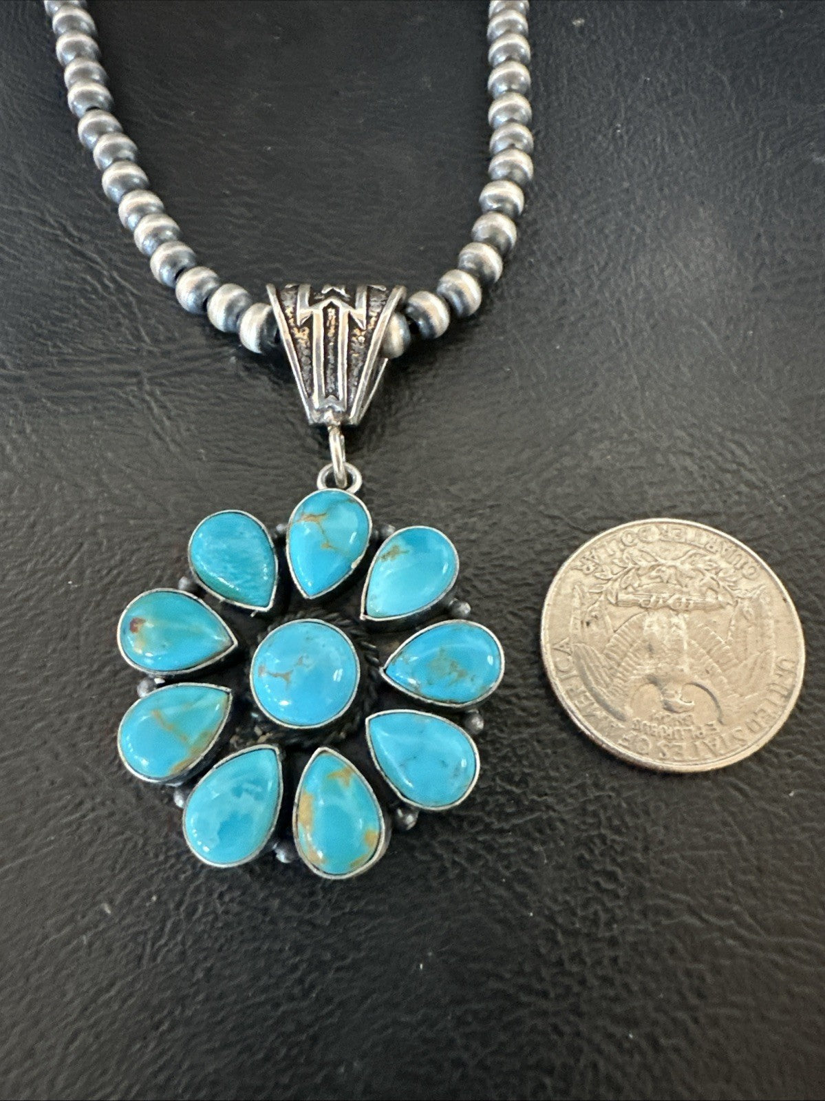 Blue Turquoise Navajo Sterling Silver Cluster Round Pendant Necklace 2”19303