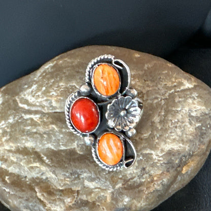 Multicolor Ring Coral Spiny Navajo Sterling Silver Cluster Sz 10.5 19196